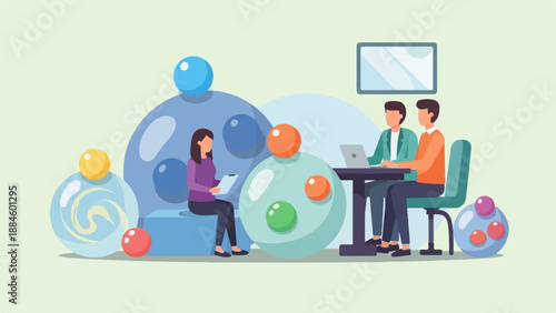 Modern team meeting with abstract elements, collaboration, and technology