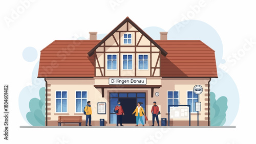 Stylized illustration of a quaint train station with people waiting