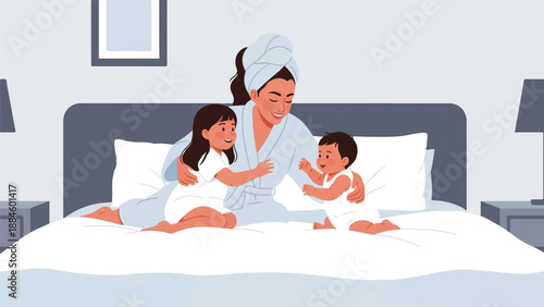 Mother and two young children interacting on a bed