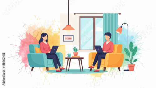 Two people work on laptops while sitting on couches in a colorful room