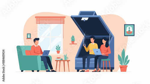 People working remotely in a comfortable, modern living room setting