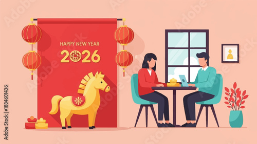 New Year celebration with horse decor and people working indoors