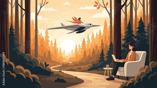 Woman working remotely in a forest, airplane flies overhead at sunset
