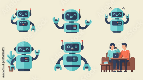 Six cartoon robots in different poses and two people on a couch