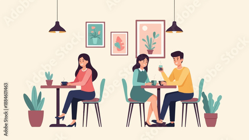 Two couples enjoying coffee indoors with plants and artwork