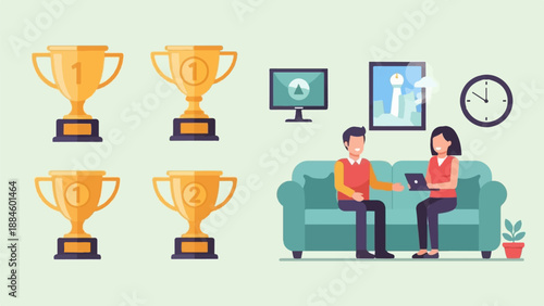 Two people relax on a couch while trophies and a clock adorn the wall