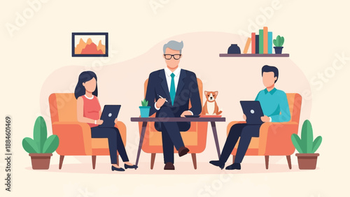 Three people and a dog in a room with a therapist