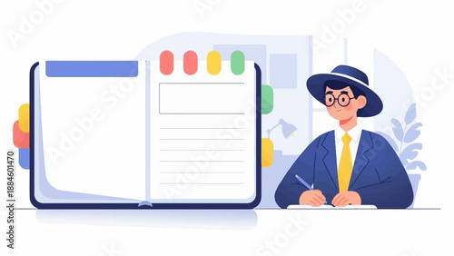 Person in hat and suit writing at desk next to open notebook