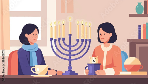 Two women and a small dog celebrate near a lit menorah indoors
