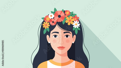 Portrait of a young woman wearing a vibrant floral crown and smiling gently