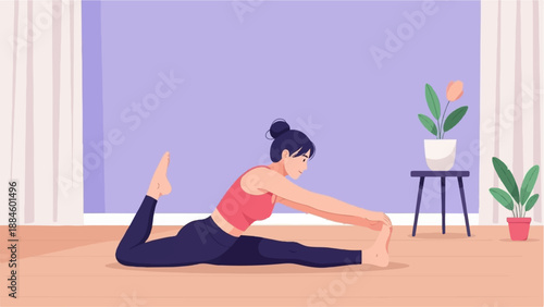Young woman in a yoga pose, stretching with plants in a calm room