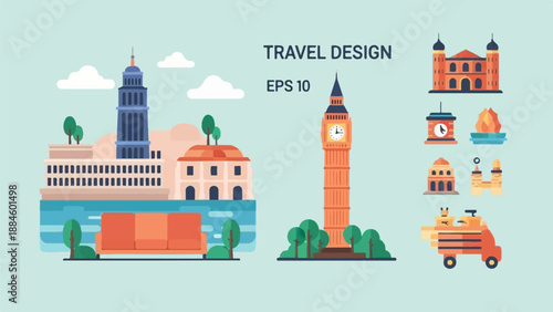 Stylized travel icons showcase iconic landmarks and abstract design elements