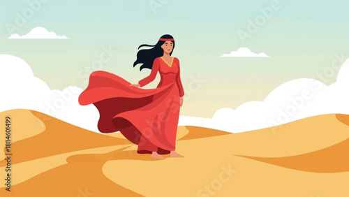 Woman in red dress in desert landscape under sky