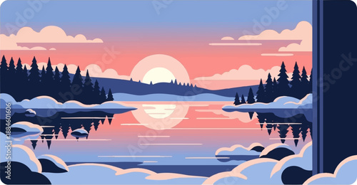 Pixelated serene sunset over a tranquil lake with snow-capped islands