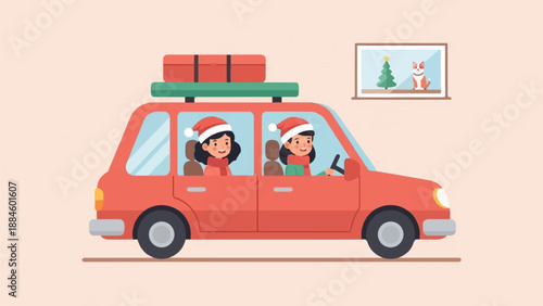 Two girls in Santa hats drive a red car with luggage on roof