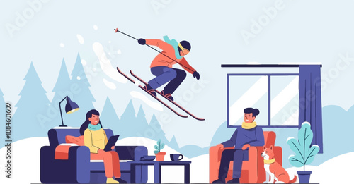 People relax indoors watching a skier perform stunts outside