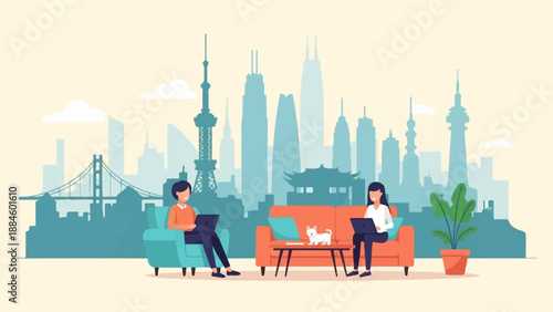 People working on laptops with a cityscape and bridge in the background