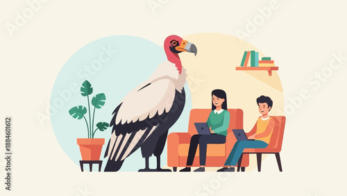 People and a giant vulture sit together in a surreal living room scene