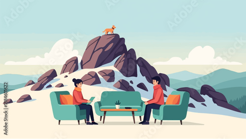 Two people and a dog relax in a snowy mountain landscape with modern furniture