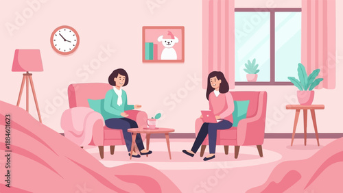 Two women in a cozy room discuss something while one uses a laptop