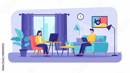 Two people working on laptops in a modern living room with plants and art