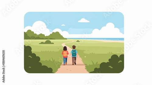 Two people with backpacks walk on a path toward the ocean
