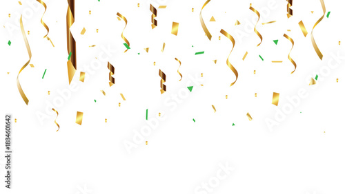 Golden Confetti Celebration with Ribbons and Streamers on White Background