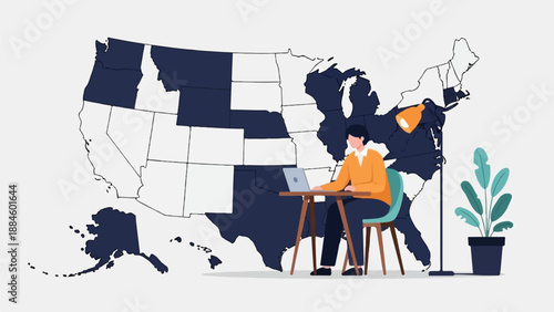 Person working on laptop with map of US states highlighted