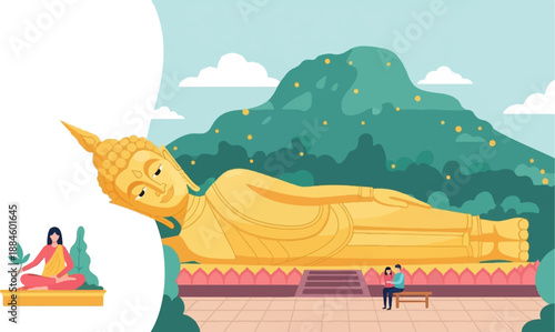 Serene golden Buddha statue with meditating woman and visitors below