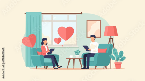 Two people in armchairs at home, talking, hearts displayed