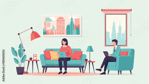 People working on laptops in a living room with city views