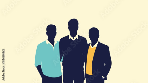 Three men's silhouettes stand together against a plain background, with vibrant clothing