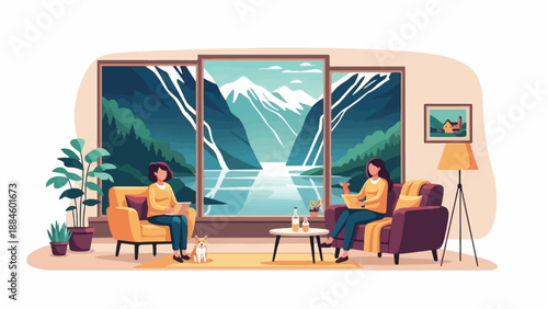 Two women relax indoors with a dog, reading and watching a scenic mountain lake view