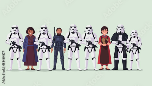 Pixel art characters, including uniformed soldiers and civilians, stand together