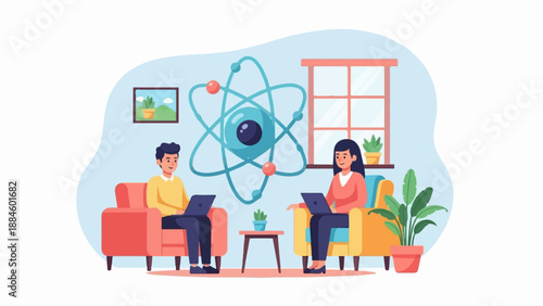 People in a room studying with laptops and an atomic model