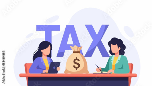 Two women seated at a desk with a money bag and the word "TAX" behind them