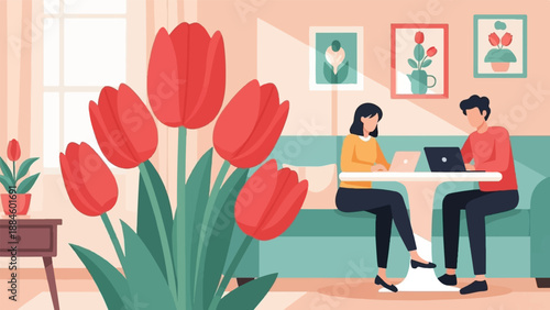 Two people work on laptops at a table with tulips in foreground