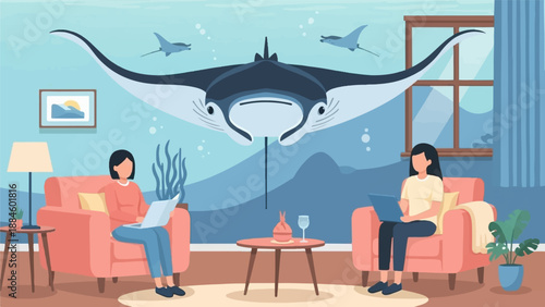 Two women work on laptops in a living room with a manta ray in the ocean background