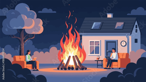 Two people relax by a bonfire at dusk, using laptops near a cozy house
