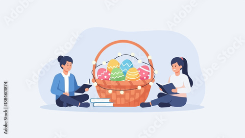 Two people reading books next to an Easter basket with decorated eggs