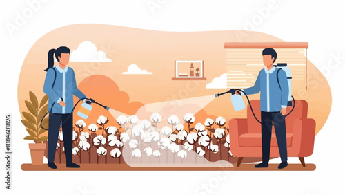 Two individuals spray cotton plants indoors, near a chair and window