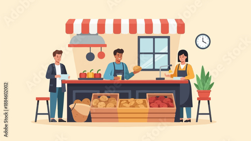 Vibrant market stall with vendors selling produce to a customer