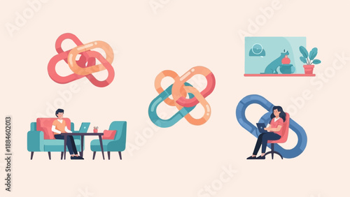 Stylized linked shapes and people working remotely