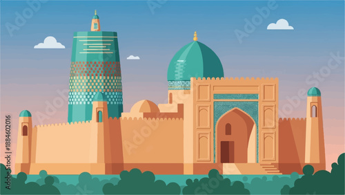 Pixelated illustration of ancient city complex with tall minaret and domed structure
