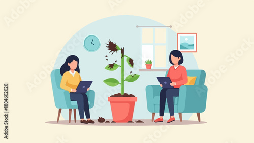 Two women sit in armchairs using laptops near a damaged plant