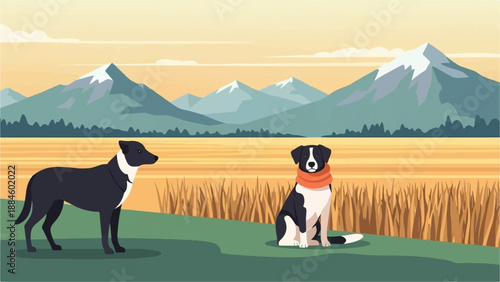 Two dogs in a scenic landscape with mountains and a field