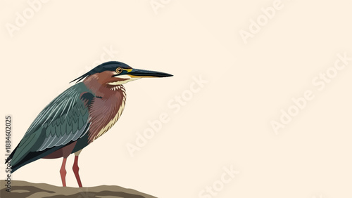 Pixelated green heron perches on a brown surface against a pale background