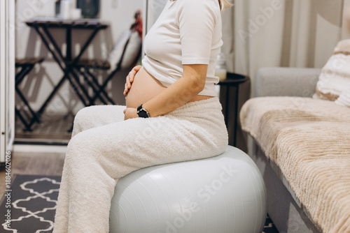 Pregnant Woman Sitting On A Fitness Ball At Home, Gently Holding Her Belly. Concept Of Maternity, Pregnancy Wellness, Prenatal Care, Self-Care, And Healthy Lifestyle. Intimate And Serene Indoor Scene.