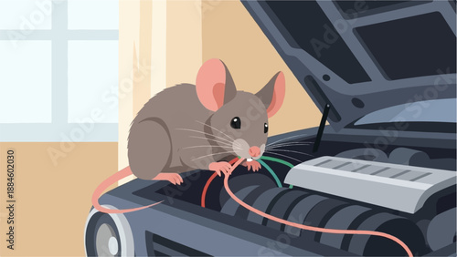 Rodent gnawing on car wires inside an engine bay
