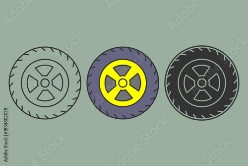 Tire illustration with three different styles. Car tire with yellow rim. Automotive theme. Automotive spare part, vector illustration.